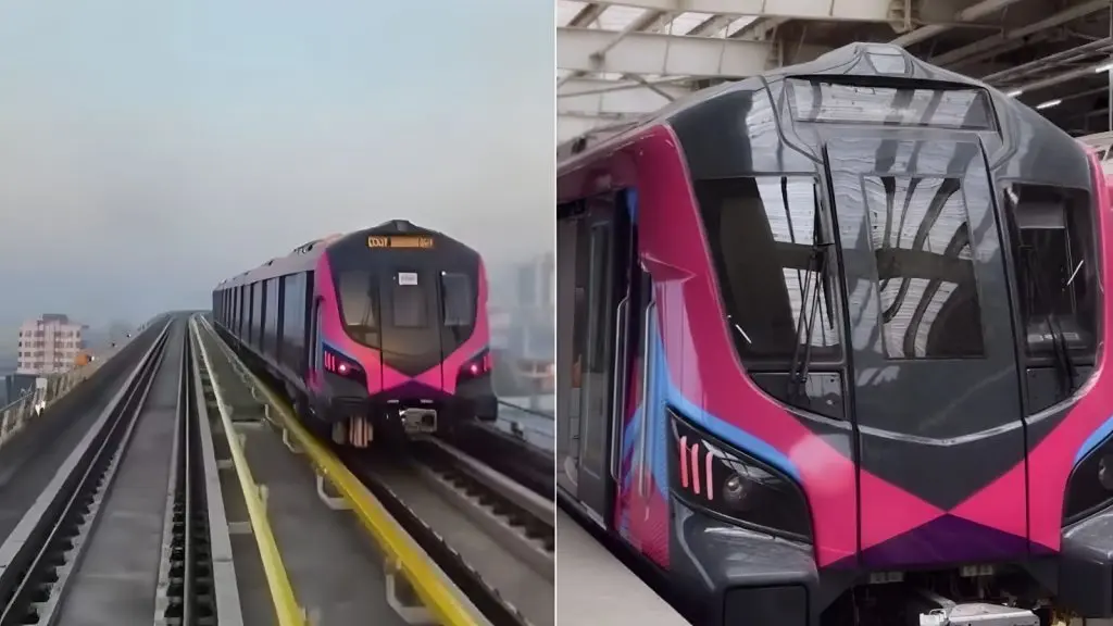 Two side-by-side images of the Pune Metro Line 3 "Pink Line" train: on the left, the sleek magenta and black train travels along an elevated track against a hazy morning sky; on the right, a close-up shows the modern front design of the train parked at a station platform.