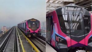 Two side-by-side images of the Pune Metro Line 3 "Pink Line" train: on the left, the sleek magenta and black train travels along an elevated track against a hazy morning sky; on the right, a close-up shows the modern front design of the train parked at a station platform.