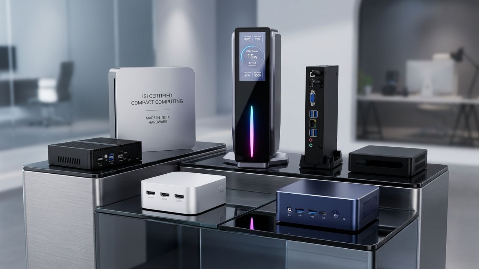 An assortment of various ultra-compact mini PCs in metallic silver, deep blue, and black finishes neatly displayed on modern glass and brushed-metal shelves inside a brightly lit office setting. The lineup includes a sleek vertical tower equipped with an active front-panel LCD screen showcasing live system diagnostics, a silver unit with multiple HDMI ports on the side, and a ribbed industrial fanless model. A premium silver plaque in the background reads "ISI CERTIFIED COMPACT COMPUTING - MADE IN INDIA HARDWARE," emphasizing a clean, professional tech presentation without any visible brand logos.