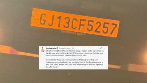 A composite image showing a close-up of a yellow Indian vehicle registration plate numbered GJ13CF5257, overlaid with a social media post from Supriya Sule. In the post, the MP describes an "awful experience" on the Pune-Mumbai highway where the identified vehicle rammed into her car due to reckless driving, concluding with an urgent plea for road safety and the use of seat belts.