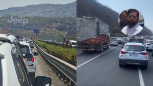 A split-screen image showing heavy traffic congestion on the Mumbai-Pune Expressway. The left side shows a line of vehicles at a standstill next to a highway barrier, with a large "Jeep" billboard on a hillside in the background. The right side shows moving traffic, including a truck and a white car, with a circular inset portrait of Maharashtra Deputy Chief Minister Eknath Shinde in the top right corner.