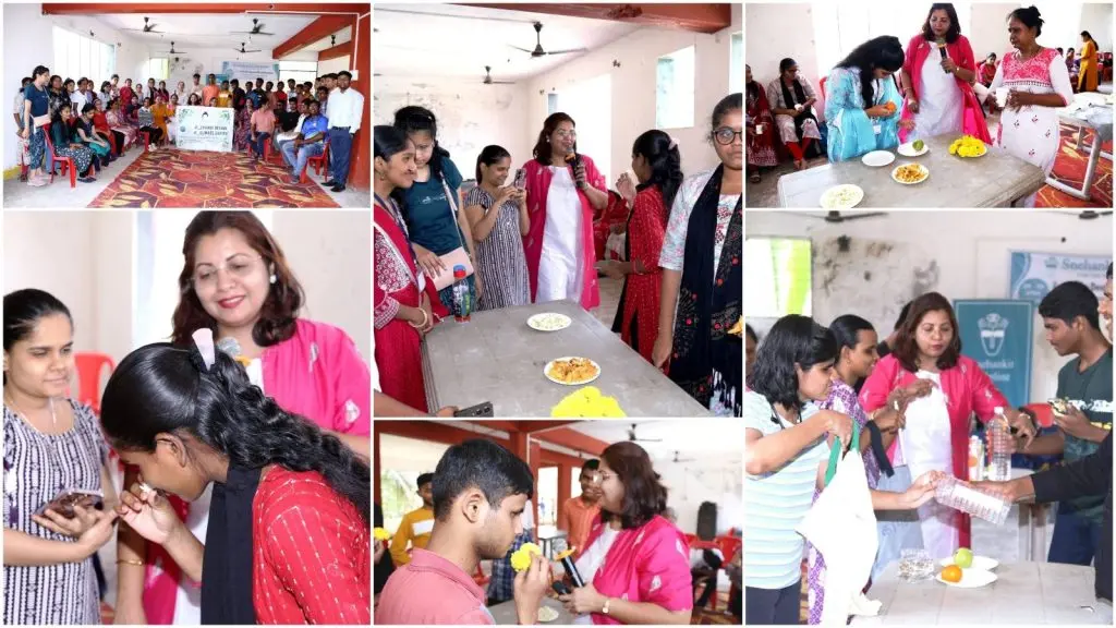 A collage of photos from the ‘Sparsh Shakti’ workshop showing visually impaired students engaged in sensory learning. It features students smelling flowers and tasting food to capture emotions, a group session led by Dr. Meghana Jalgaonkar, and students participating in an environmental awareness activity comparing plastic bottles with eco-friendly cloth bags.