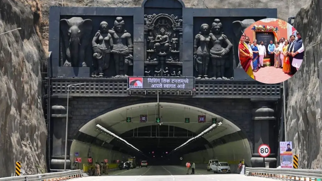A wide-angle view showing the entrance of the Mumbai-Pune Expressway 'Missing Link' tunnel, featuring large traditional Indian sculptures above the portal and an LED welcome sign in Marathi. A circular inset in the top right shows government officials and dignitaries at the inauguration ceremony.