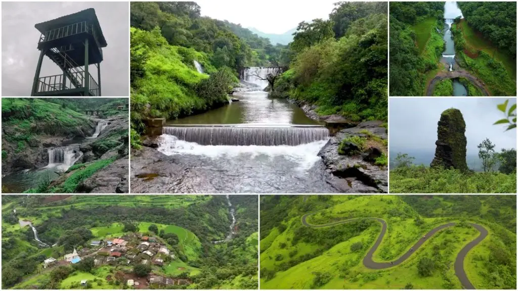 A photo collage featuring seven distinct images capturing the raw, untouched beauty of Phopsandi, Maharashtra. The images show misty Sahyadri mountains, lush green valleys, sequential waterfalls, a remote village nestled in the hills, a serpentine ghat road, an elevated watchtower, and a ancient stone pillar. The collage perfectly captures the essence of a hidden hill station paradise during the monsoon season.