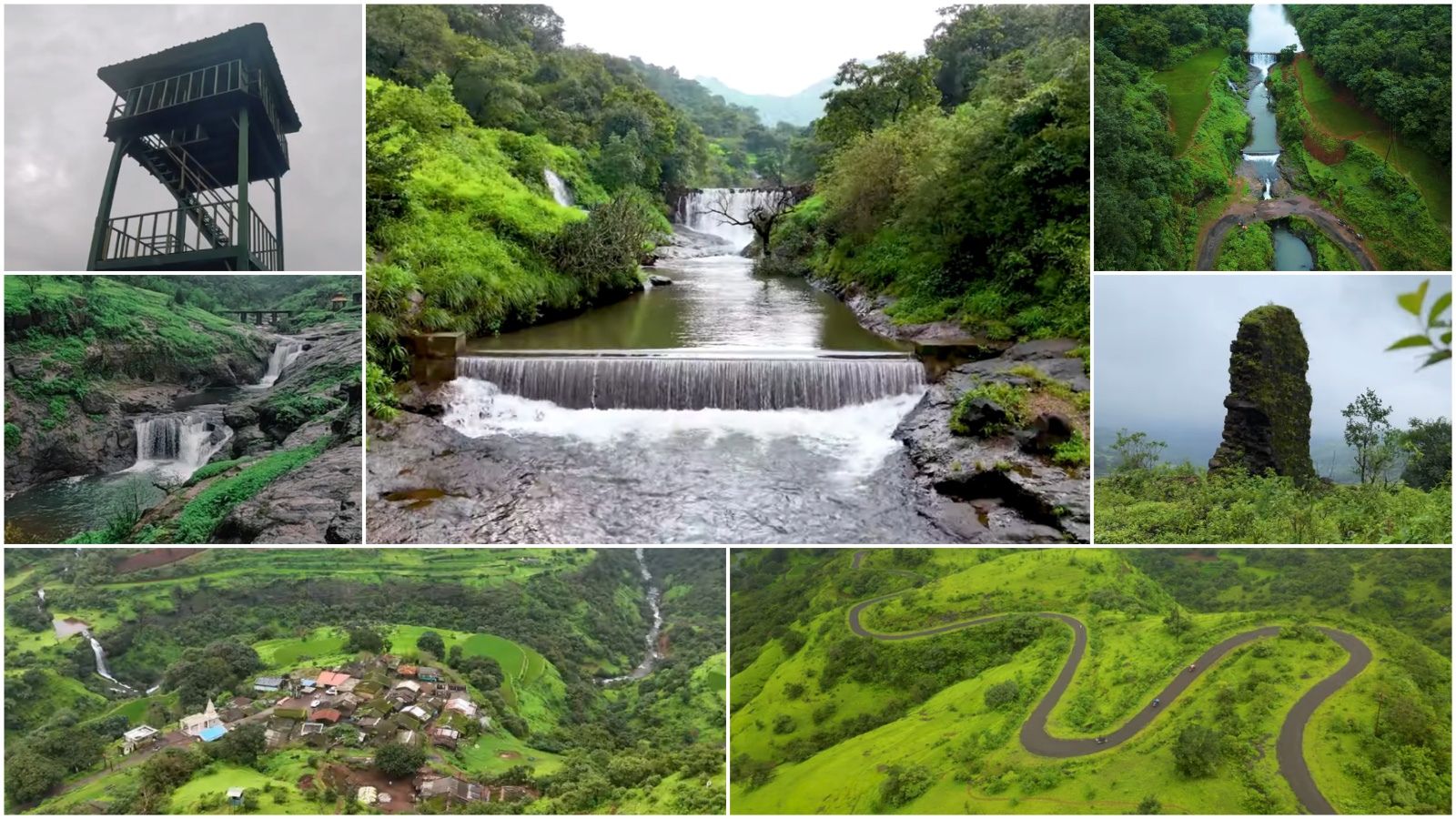 A photo collage featuring seven distinct images capturing the raw, untouched beauty of Phopsandi, Maharashtra. The images show misty Sahyadri mountains, lush green valleys, sequential waterfalls, a remote village nestled in the hills, a serpentine ghat road, an elevated watchtower, and a ancient stone pillar. The collage perfectly captures the essence of a hidden hill station paradise during the monsoon season.