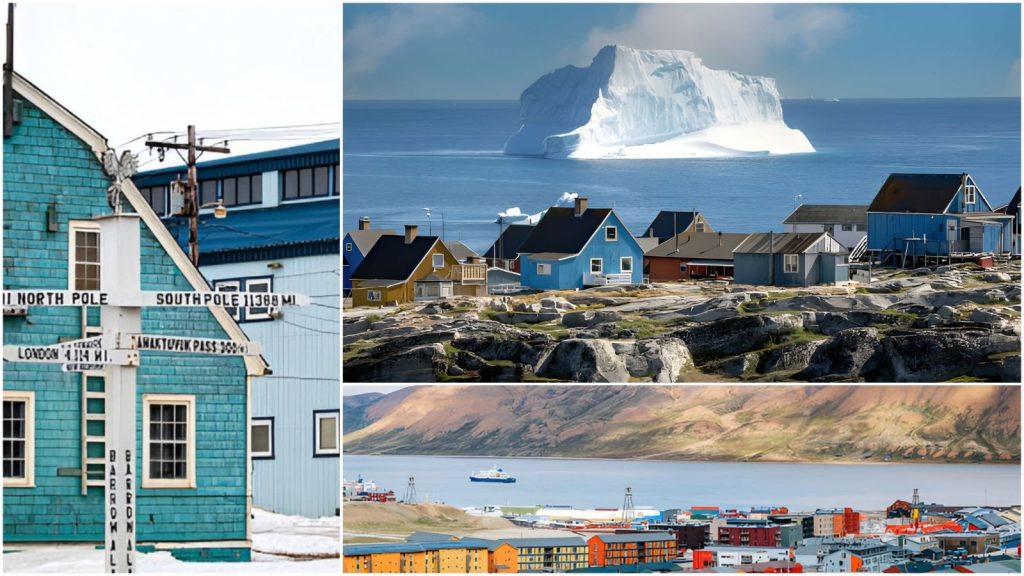 A collage of three distinct images showcasing Arctic landscapes and settlements. Left panel: A close-up of a teal wooden building next to a white signpost indicating geographic distances. Visible text on the arrows includes "NORTH POLE", "SOUTH POLE 11,388 MI.", and "LONDON 4,414 MI.", with "BARROW, ALASKA" written vertically down the main post. Top right panel: A coastal village featuring vibrant blue, yellow, and grey houses built on rocky terrain. In the background, a massive, bright white iceberg floats in the calm blue ocean under a clear sky. Bottom right panel: An elevated wide shot of a colorful northern town nestled along a waterfront, with a ship sailing in the bay and large, barren mountains rising in the background.