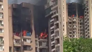 A side-by-side composition showing a severe fire breaking out on the upper floors of a residential high-rise building, as seen in the file AC Blast Causes Massive Fire in Noida High-Rise.jpg. Intense orange flames erupt from multiple balconies, while thick, heavy black smoke billows upwards, severely charring the exterior facade of the upper levels of the tower.