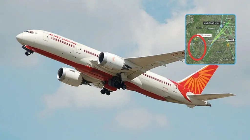 An Air India passenger aircraft in mid-flight against a partly cloudy sky, with a picture-in-picture digital flight tracker map in the top-right corner showing flight AI479 executing a go-around loop near Amritsar and crossing the international border line, highlighted by a red circle.