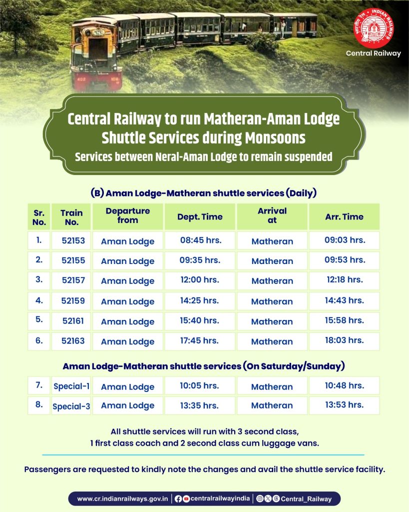 Time table of the monsoon schedule of Matheran Toy Train services between Aman Lodge and Matheran.