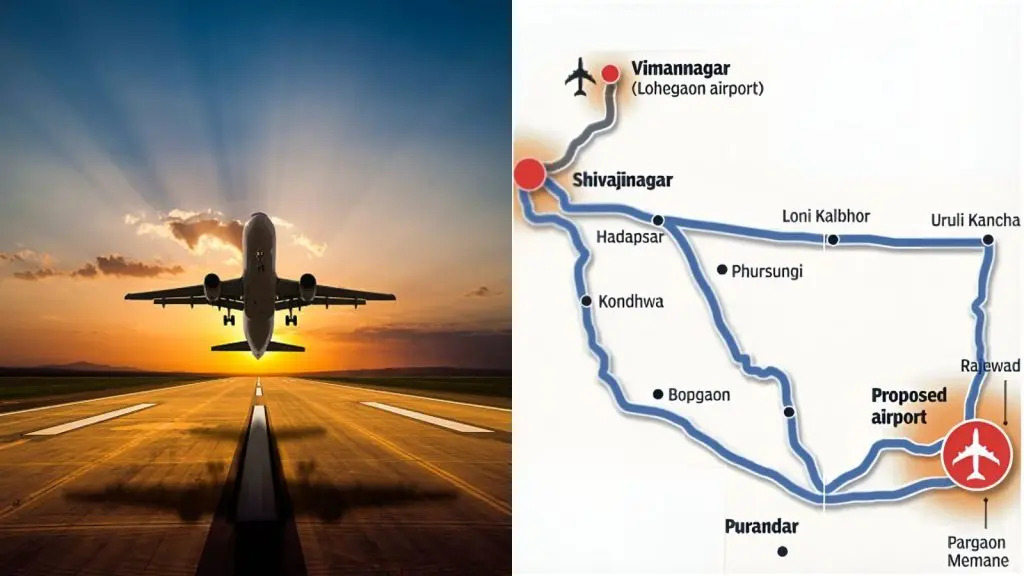 A collage of two photos. On the left is a photo of an aircraft taking off from a runway as seen from the front in the backdrop of sun hiding behind golden clouds. On the right is the map of an area of Pune showing the relative locations of Lohegaon and Purandar airports.