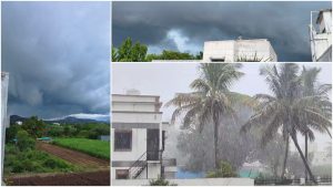 Collage showing dark monsoon clouds over Narayangaon in Pune district and an intense spell of heavy rainfall, illustrating the cloudburst-like rain event that brought 50 mm of rain with rain rates reaching 97.2 mm per hour.