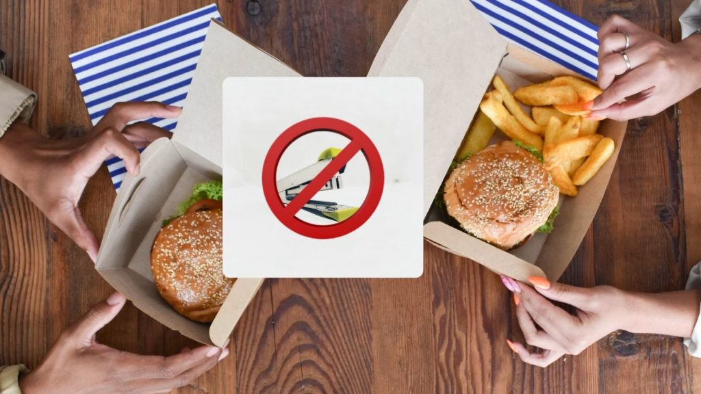 Two boxes of packaged food. An overlay image of a stapler which is further overlayed by a red stop sign.
