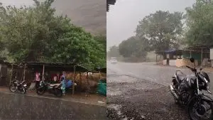 A collage of two side by side photos showing raindrops falling on the road in Tamhini Ghat near Pune.