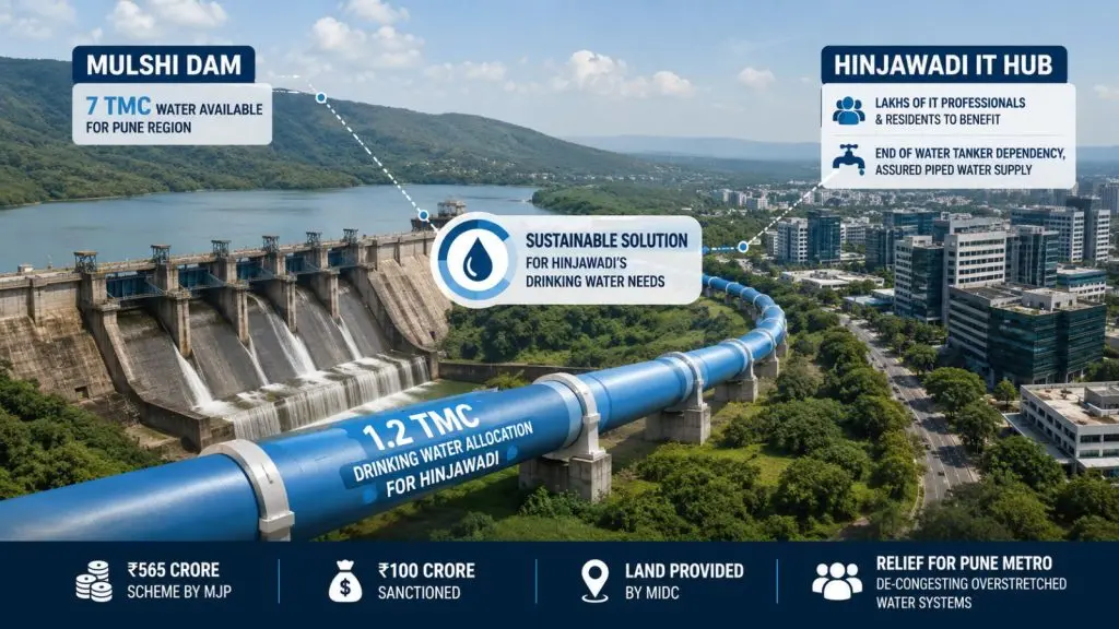 Infographic showing a water pipeline connecting Mulshi Dam to Hinjawadi IT Hub for PMRDA’s 1.2 TMC drinking water allocation scheme, including key project details like MGP’s ₹565 crore scheme, ₹100 crore sanctioned, and relief for Pune metro.