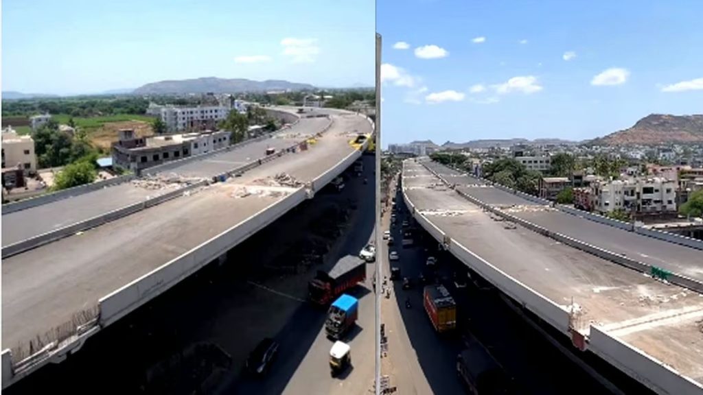 A side-by-side collage of two images of the Karad flyover, one from the left and other other from the right.