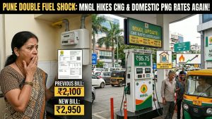 A split-screen infographic titled "PUNE DOUBLE FUEL SHOCK". The left side shows a shocked Indian woman looking at a domestic MNGL piped natural gas (PNG) meter and bill in her kitchen, showing a price increase from a previous bill of ₹2,100 to a new bill of ₹2,950. The right side shows a busy MNGL fuel station in Pune with a digital fuel pump displaying the new CNG rate of ₹95.75 per kg, an auto-rickshaw refueling, and traffic near a Hinjawadi IT Park sign.