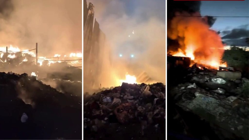 Three-panel collage showing a large scrap yard fire in Chikhali before dawn. Bright orange flames are spreading across piles of scrap material, sending thick smoke into the sky. The scene shows burning debris, intense heat, and heavy smoke as firefighters work to control the blaze.