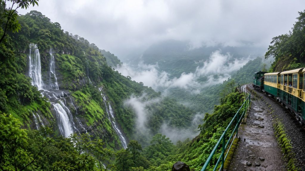 Panoramic monsoon view of Matheran with lush green hills, mist-covered valleys, waterfalls, the famous toy train and dense forest in the Western Ghats.