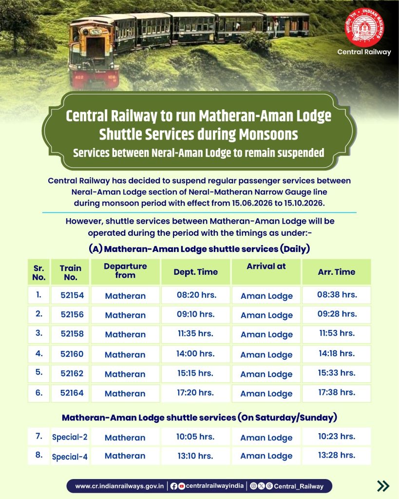 Time table of the monsoon schedule of Matheran Toy Train services between Matheran and Aman Lodge.