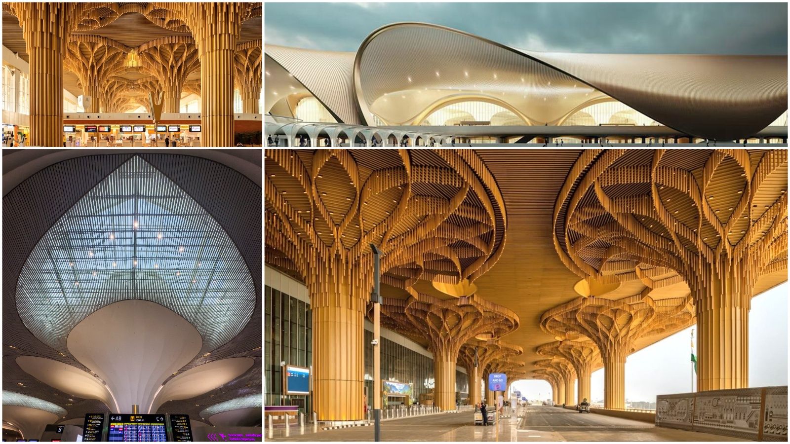 A four-panel architectural photo collage showcasing the award-winning designs of Navi Mumbai International Airport (NMIA) and Guwahati Airport Terminal 2. The panels highlight the sweeping, futuristic curved roof exterior and lotus-inspired interior ceiling structures designed by Zaha Hadid Architects for Navi Mumbai, alongside the intricate, biophilic wooden pillars and expansive tree-like canopy structures inspired by the Bamboo Orchid at Guwahati's Lokpriya Gopinath Bordoloi International Airport.
