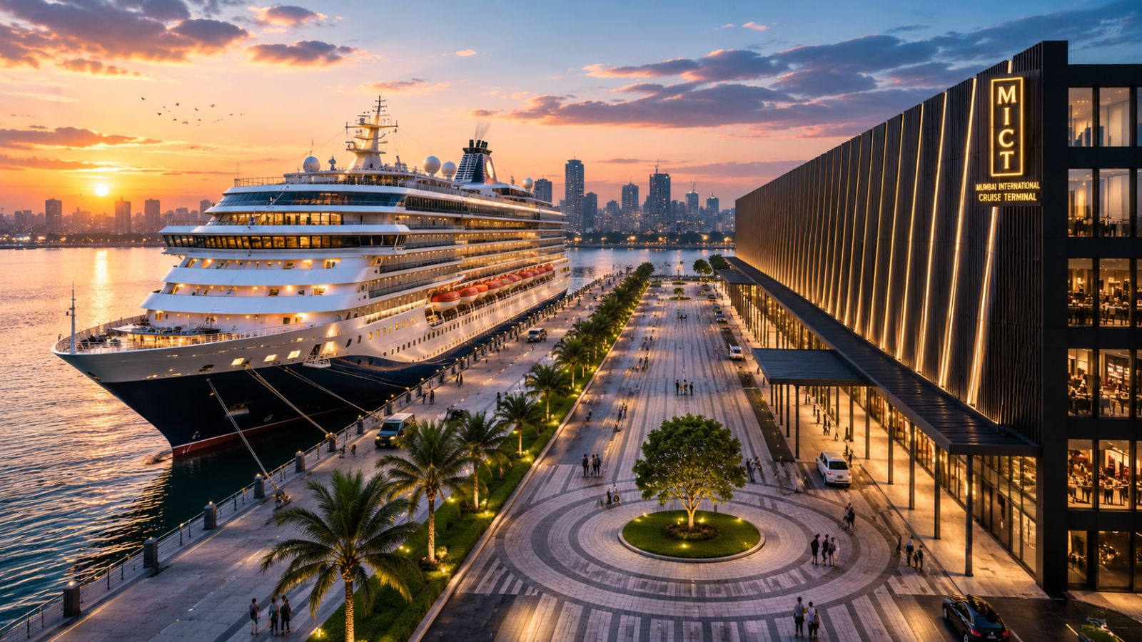 Mumbai International Cruise Terminal at Ballard Pier with a large cruise ship docked alongside the modern waterfront terminal in South Mumbai, showcasing India's largest cruise hub, shopping, dining and tourism destination.