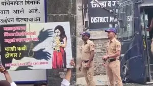 A split-screen image for the Nasrapur case; the left side shows a protest poster demanding the death penalty with an illustration of a young girl holding a teddy bear near a noose, while the right side shows two police officers standing guard outside the Pune District Court.