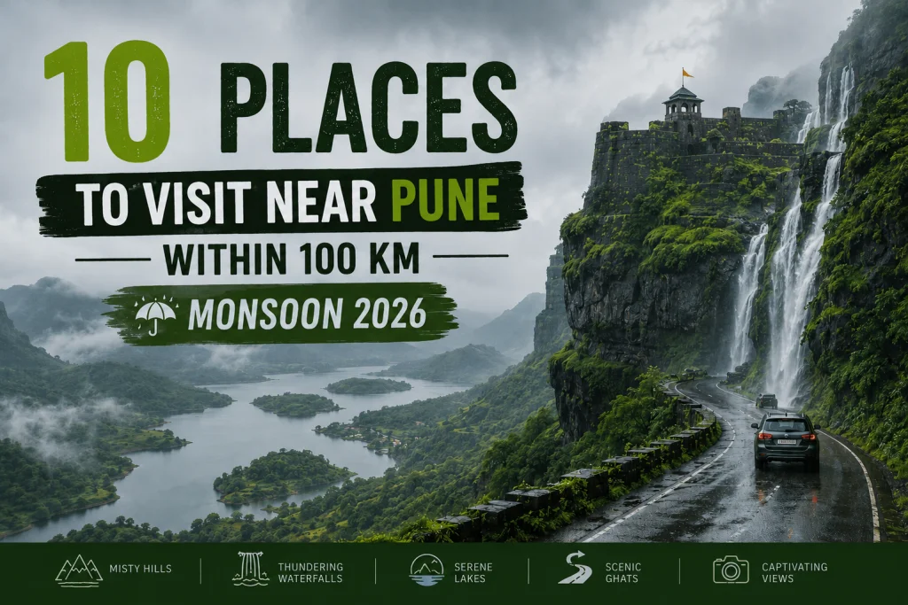 Travel-themed featured image showing “10 Places to Visit Near Pune Within 100 KM – Monsoon 2026” over a dramatic Sahyadri landscape with a hilltop fort, cascading waterfalls, misty green valleys, a scenic lake, and a winding mountain road with vehicles. The image highlights misty hills, waterfalls, lakes, ghats, and breathtaking viewpoints in a cinematic monsoon setting.
