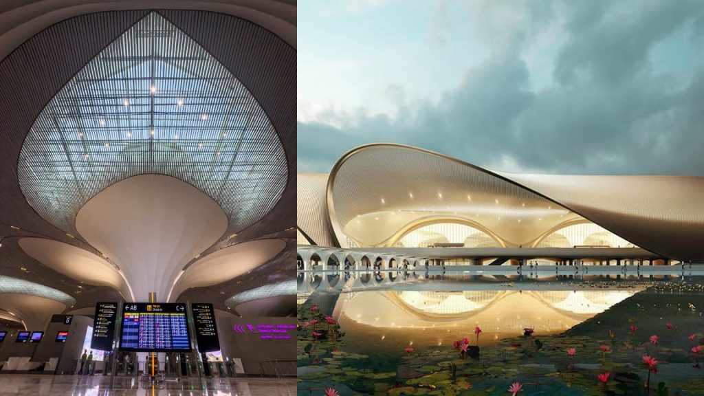 A two-panel architectural photograph showcasing the lotus-inspired design of Navi Mumbai International Airport (NMIA). The left panel depicts the terminal interior, featuring a massive, white central pillar that gracefully flares upward to form a symmetrical, leaf-shaped skylight surrounded by an organic grid ceiling, positioned directly above digital flight information display screens. The right panel displays the futuristic exterior at dusk, highlighted by a sweeping, fluidly curved metallic roof structure that mimics unfurling petals, reflecting beautifully across a foreground pond filled with pink lotus flowers under a dramatic, cloudy sky.