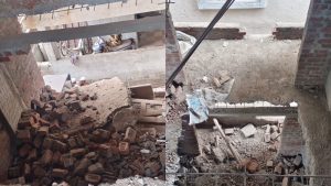 An overhead, split-view photograph titled 'PMC Demolishes Unauthorized Construction.jpg' showing the aftermath of a building demolition. The left side displays a large pile of shattered red bricks, concrete chunks, and exposed rebar inside a partially destroyed structure. The right side shows a view looking down through a newly breached concrete ceiling or floor, revealing scattered rubble, dust, and reinforcement wire mesh below.