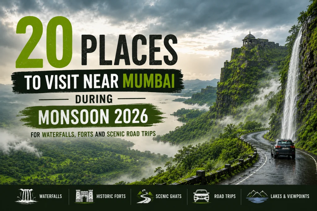 Monsoon landscape near Mumbai featuring green Western Ghats hills, waterfalls and mist-covered valleys.