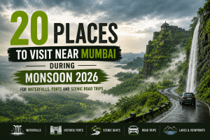 Monsoon landscape near Mumbai featuring green Western Ghats hills, waterfalls and mist-covered valleys.