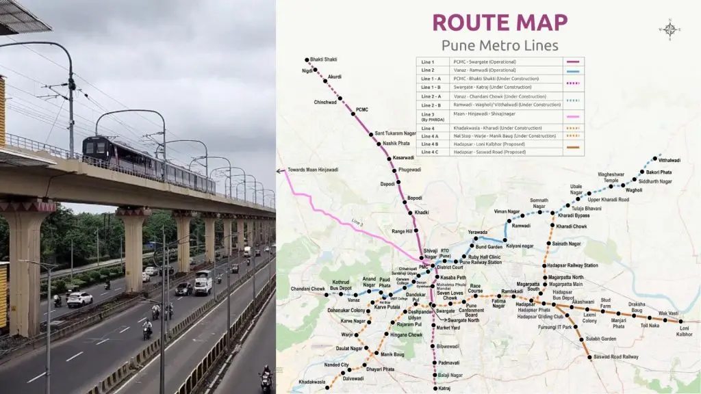 Split image showing an elevated Pune Metro train on a viaduct running above a highway on the left, and a detailed Pune Metro route map illustrating Lines 1, 2, 3, 4, and 4A extensions on the right.