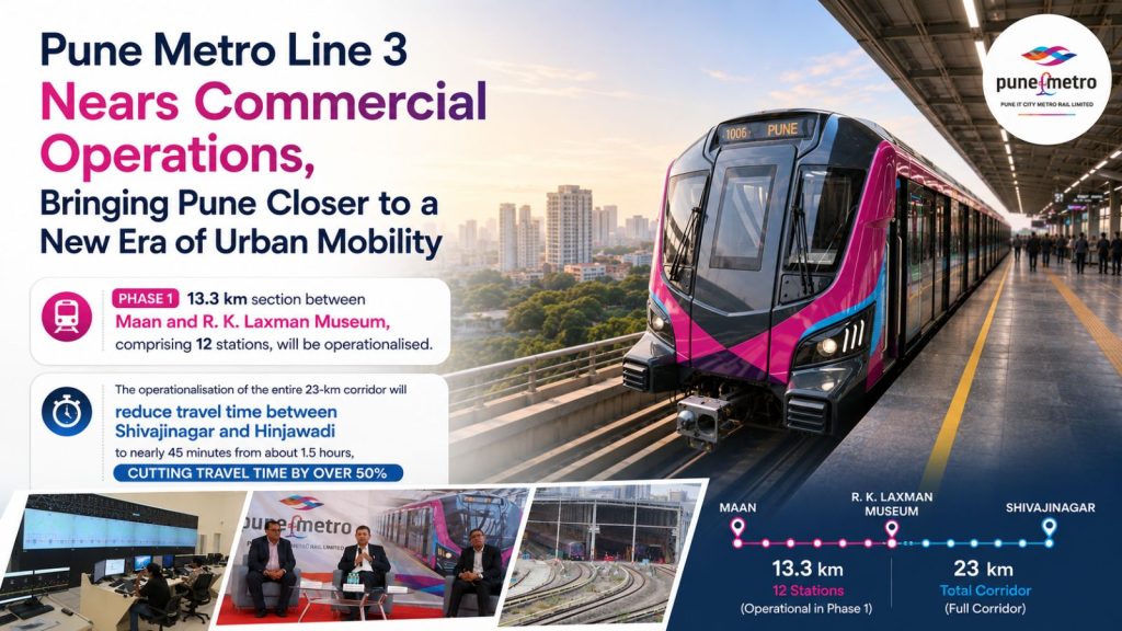 Pune Metro Line 3 promotional graphic showing a metro train at an elevated station, highlighting the completion of end-to-end trial runs across the 23-km Shivajinagar-Hinjawadi corridor. The image includes project milestones, the 13.3-km Phase 1 section between Maan and R. K. Laxman Museum, travel time reduction benefits, and inset photos of the operations control centre, metro depot and project officials.