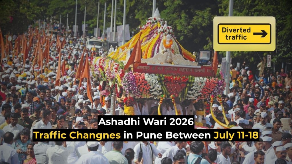 Here is a detailed alt text description for the image Pune Palkhi 2026 traffic diversions.jpg: Alt Text: A crowded street scene showing a massive gathering of devotees during a traditional Indian pilgrimage procession. In the center, an elaborately decorated chariot or palanquin (Palkhi) is covered in vibrant orange, yellow, and white flower garlands. Numerous people, many wearing traditional white caps (Gandhi caps) and carrying saffron flags, surround the chariot. In the top right corner, a digital graphic of a yellow road sign reads "Diverted traffic" with a right-pointing arrow. Text overlaid at the bottom reads "Ashadhi Wari 2026 Traffic Changnes in Pune Between July 11-18," with a visible typo in the word "Changes."