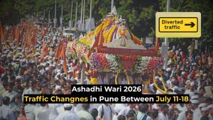 Here is a detailed alt text description for the image Pune Palkhi 2026 traffic diversions.jpg: Alt Text: A crowded street scene showing a massive gathering of devotees during a traditional Indian pilgrimage procession. In the center, an elaborately decorated chariot or palanquin (Palkhi) is covered in vibrant orange, yellow, and white flower garlands. Numerous people, many wearing traditional white caps (Gandhi caps) and carrying saffron flags, surround the chariot. In the top right corner, a digital graphic of a yellow road sign reads "Diverted traffic" with a right-pointing arrow. Text overlaid at the bottom reads "Ashadhi Wari 2026 Traffic Changnes in Pune Between July 11-18," with a visible typo in the word "Changes."