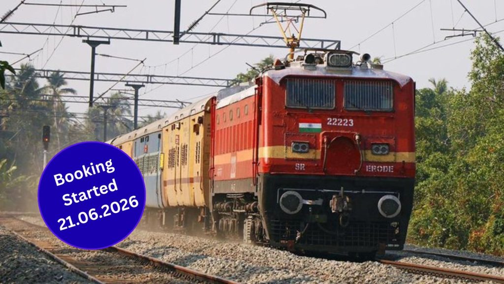 An image of a Indian Railway train being pulled by an electric locomotive at high speed and a small circular inset with text inside, reading - Booking Started 21.06.2026.