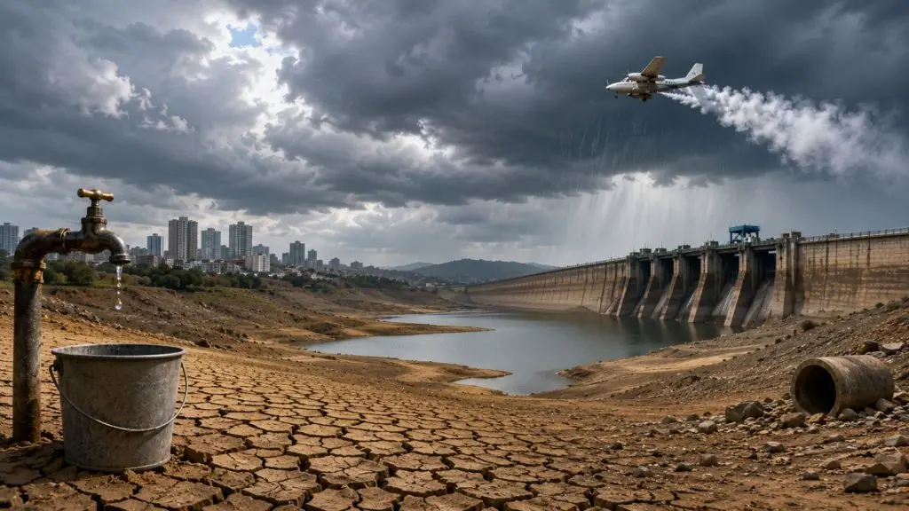 Pune water crisis with low dam levels, cracked reservoir bed, leaking water tap and cloud seeding aircraft over storm clouds near the city skyline.