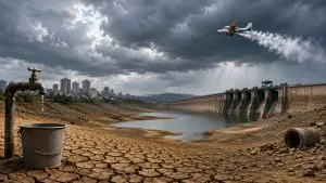 Pune water crisis with low dam levels, cracked reservoir bed, leaking water tap and cloud seeding aircraft over storm clouds near the city skyline.