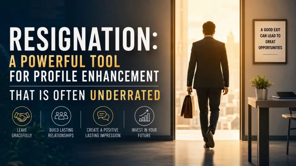 A professional in a business suit walks confidently toward a bright office exit carrying a briefcase, symbolizing a graceful career transition. The image highlights the idea that resignation, when handled strategically, can strengthen professional relationships, enhance reputation, and create future career opportunities.