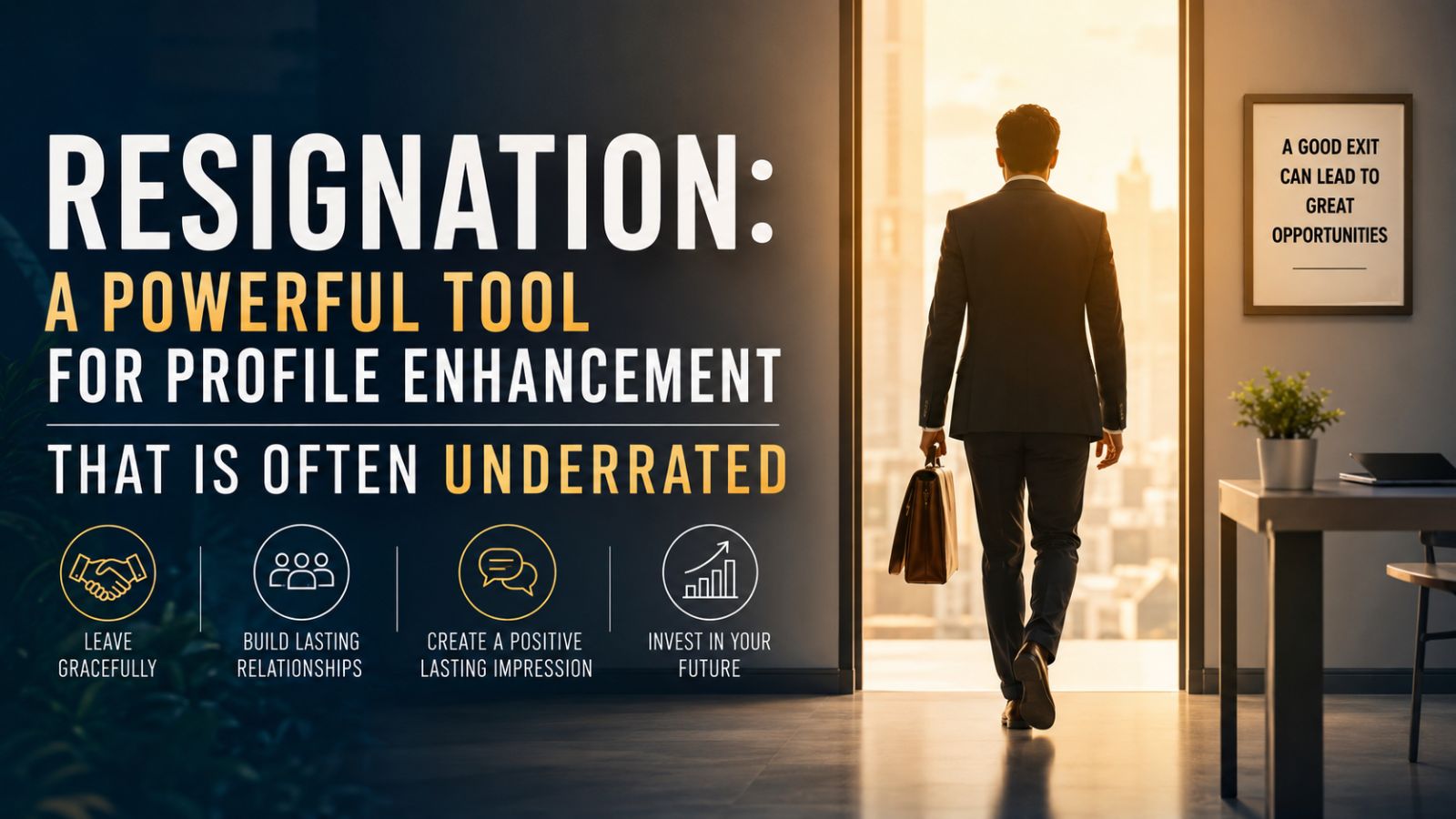 A professional in a business suit walks confidently toward a bright office exit carrying a briefcase, symbolizing a graceful career transition. The image highlights the idea that resignation, when handled strategically, can strengthen professional relationships, enhance reputation, and create future career opportunities.