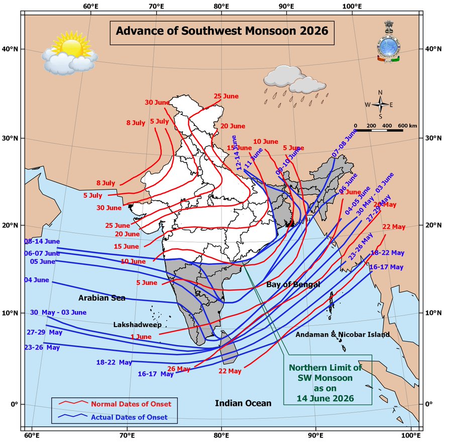 Map showing the status of Monsoon over the Indian Subcontinent as on June 14, 2026.