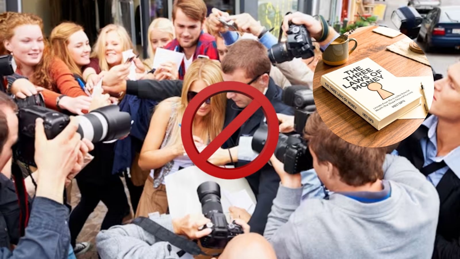 A stock image of a successful couple giving autographs and a stop sign superimposed on this image. Another round inset image of a book called The Three Laws of Money.