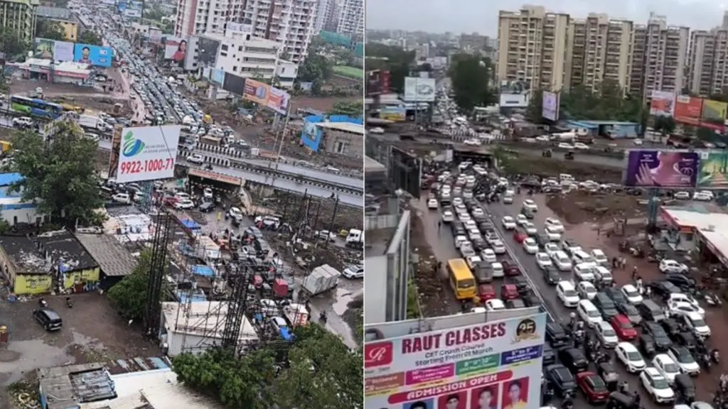 High-angle aerial view of a severe traffic jam at the Punawale underpass, showing bumper-to-bumper congestion with cars, buses, and two-wheelers packed tightly on the wet roads and spilling onto the main highway under an overcast sky.