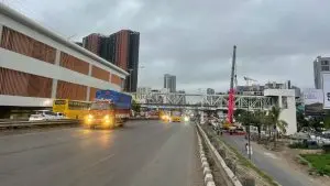 Wakad Metro Station Foot Over Bridge under construction on the Mumbai-Bengaluru Highway to improve pedestrian access and connectivity for Pune Metro Line 3 in Wakad, Pune.