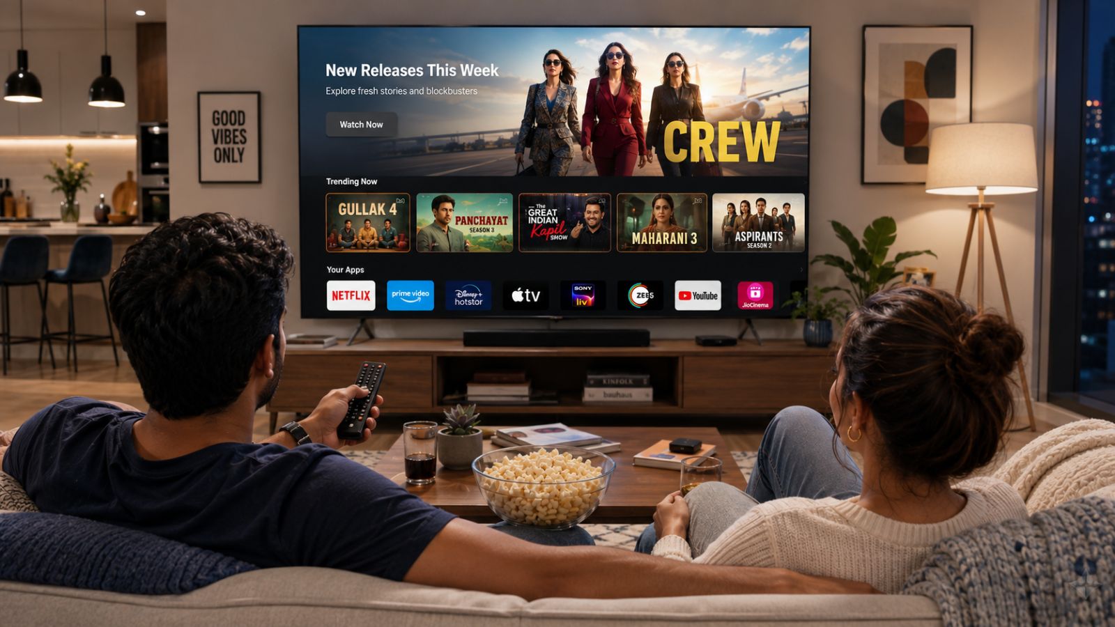 A couple sitting on a cozy living room sofa, viewed from behind, watching a large smart TV screen displaying a streaming interface titled "New Releases This Week." The television showcases a banner for the movie "Crew" alongside trending titles like "Gullak 4," "Panchayat Season 3," "The Great Indian Kapil Show," "Maharani 3," and "Aspirants Season 2." Popular app icons including Netflix, Prime Video, Disney+ Hotstar, Apple TV, SonyLIV, ZEE5, YouTube, and JioCinema are visible at the bottom. A large glass bowl of popcorn sits on the wooden coffee table in front of them, and the man holds a TV remote control.