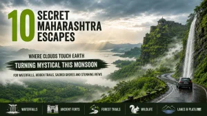 Graphic banner titled 10 Secret Maharashtra Escapes Turning Mystical This Monsoon, featuring a car driving on a wet ghat road next to a massive waterfall and a lush green hill fort surrounded by mist and clouds.