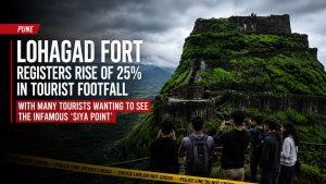 A group of tourists taking photos of the lush green, cloud-covered Lohagad Fort near Pune, framed by a yellow "Police Line Do Not Cross" tape. Superimposed text reads, "Lohagad Fort registers rise of 25% in tourist footfall with many tourists wanting to see the infamous 'Siya Point'."