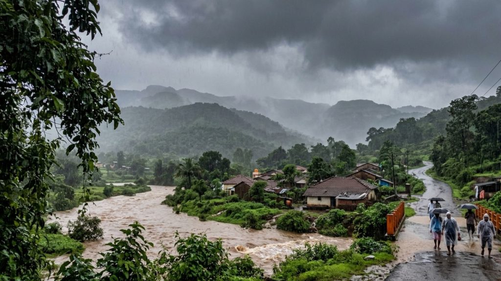A heavy monsoon downpour over a rural village in the Maharashtra ghats, featuring a swollen, muddy river flowing rapidly next to houses with tiled roofs. Local residents carrying umbrellas and wearing raincoats walk along a wet, winding road under dark, stormy skies and misty green mountains.