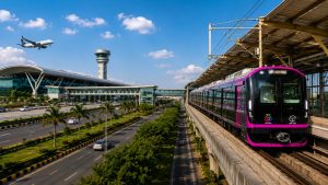 Pune Metro train and Pune Airport terminal depicted together, illustrating the planned metro connectivity between Pune Airport and the city's integrated metro network announced in July 2026.