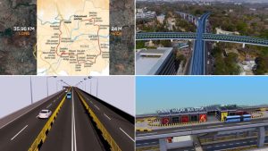 Infographic and 3D architectural rendering of Pune HCMTR project showing a detailed alignment map of the 35.96 km long and 24 m wide inner ring road, an aerial view of the multi-layered elevated flyover corridor, a 6-lane highway layout with dedicated BRTS lanes, and a model of the elevated Viman Nagar Bus Stop station.